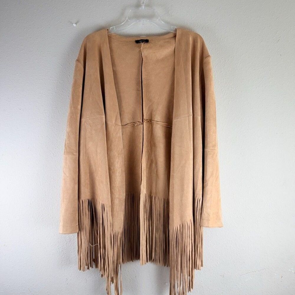 Soprano Faux Suede Fringe Jacket Womens Tan Beige Open Front Boho Western